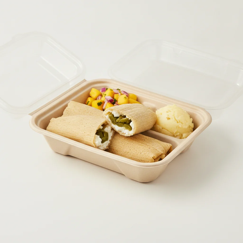 Tamales Box — Cheese w/ Rajas with Mashed Potato / Mango Salad Tamales Box — Cheese w/ Rajas with Mashed Potato / Mango Salad
