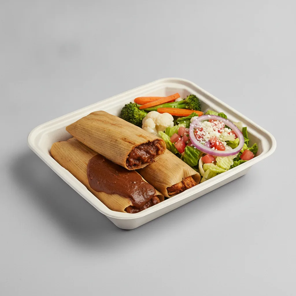 Tamales Box — Chicken Mole — Steamed Veggies / Mexican Salad Tamales Box — Chicken Mole — Steamed Veggies / Mexican Salad