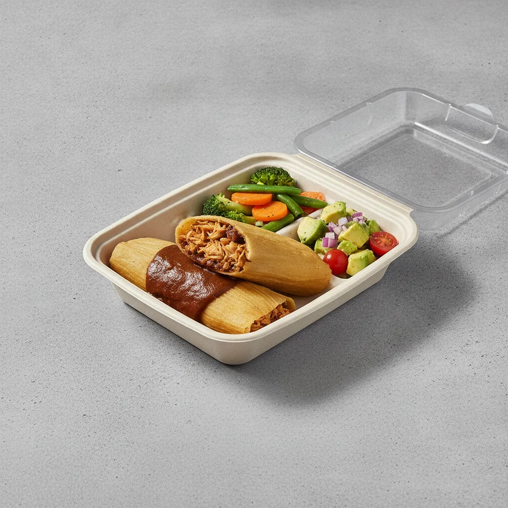 Tamales Box — Chicken Mole — Steamed Veggies / Avocado Salad Tamales Box — Chicken Mole — Steamed Veggies / Avocado Salad