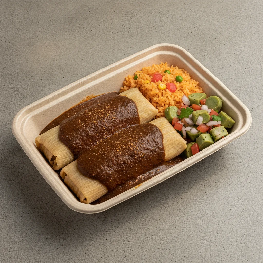Tamales Box — Chicken Mole — Mexican Rice / Nopalitos Salad Tamales Box — Chicken Mole — Mexican Rice / Nopalitos Salad