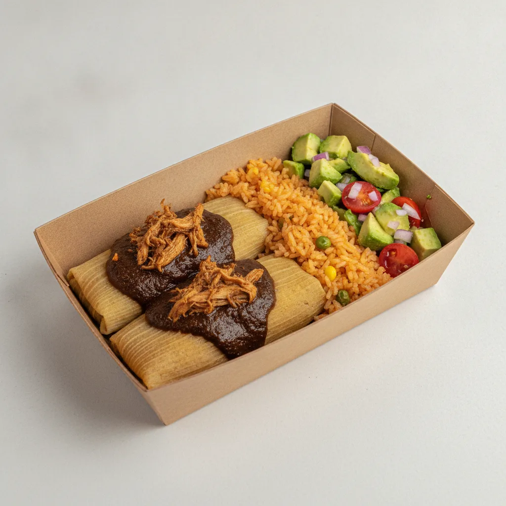 Tamales Box — Chicken Mole — Mexican Rice / Avocado Salad Tamales Box — Chicken Mole — Mexican Rice / Avocado Salad