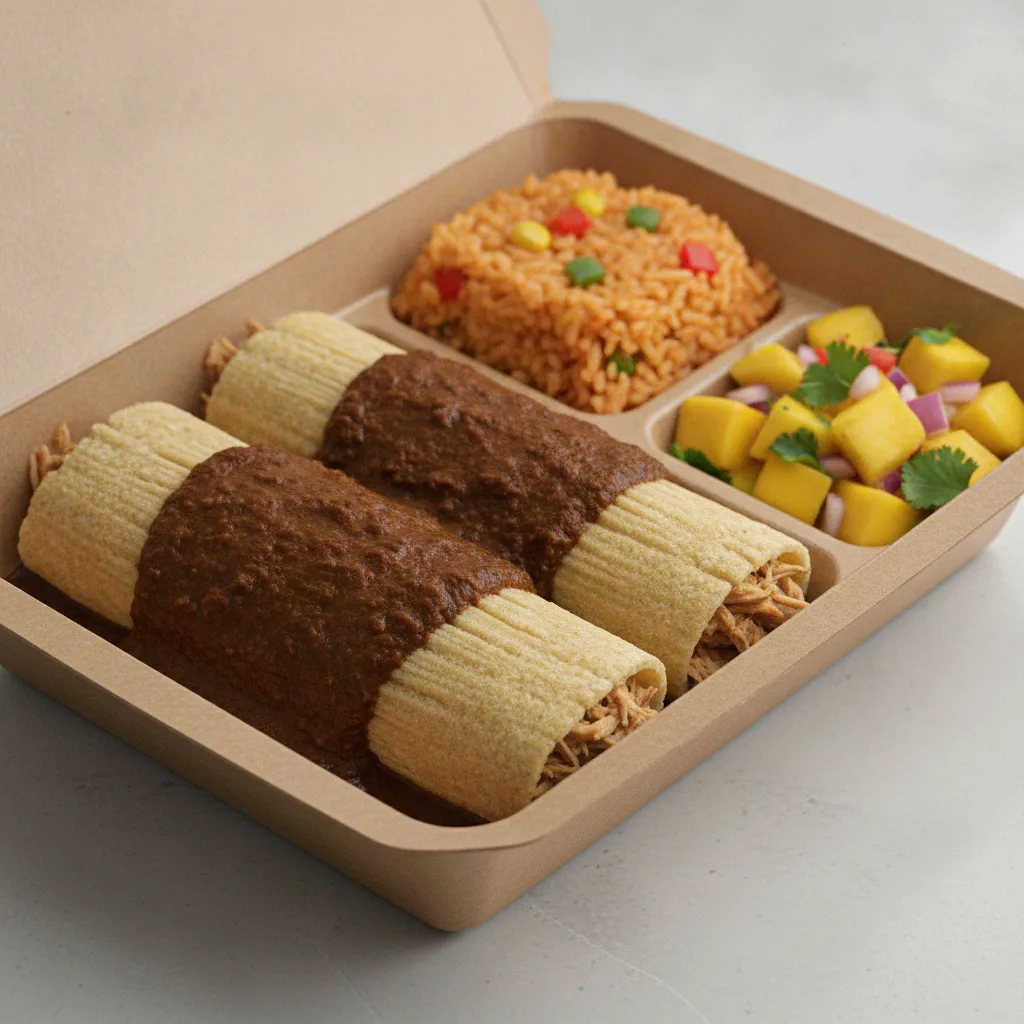Tamales Box — Chicken Mole — Mexican Rice / Mango Salad Tamales Box — Chicken Mole — Mexican Rice / Mango Salad