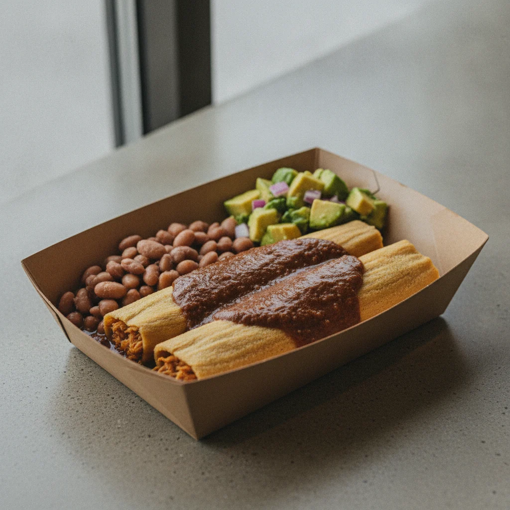 Tamales Box — Chicken Mole — Pinto Beans / Avocado Salad Tamales Box — Chicken Mole — Pinto Beans / Avocado Salad