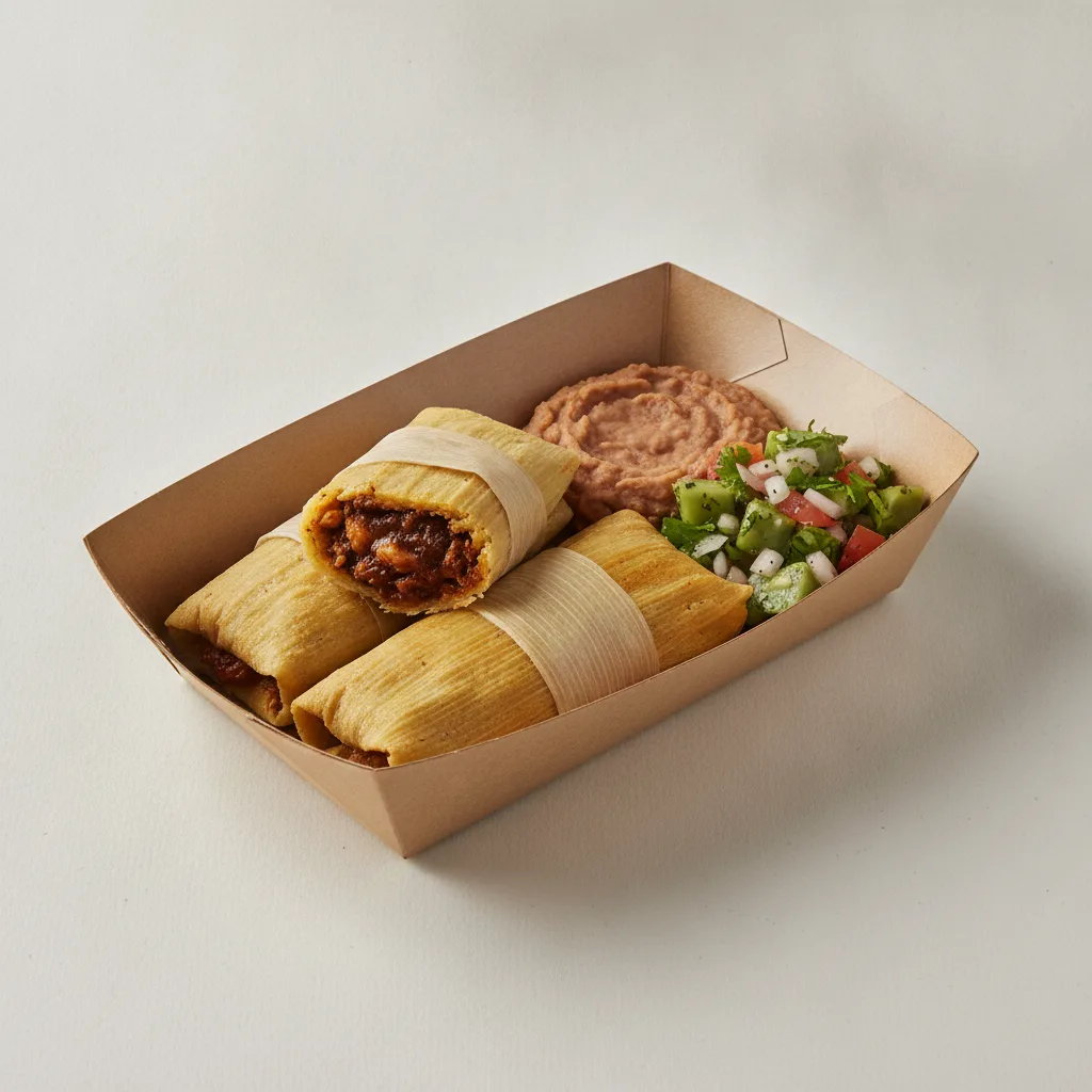 Tamales Box — Chicken Mole with Refried Beans / Nopalitos Salad Tamales Box — Chicken Mole with Refried Beans / Nopalitos Salad