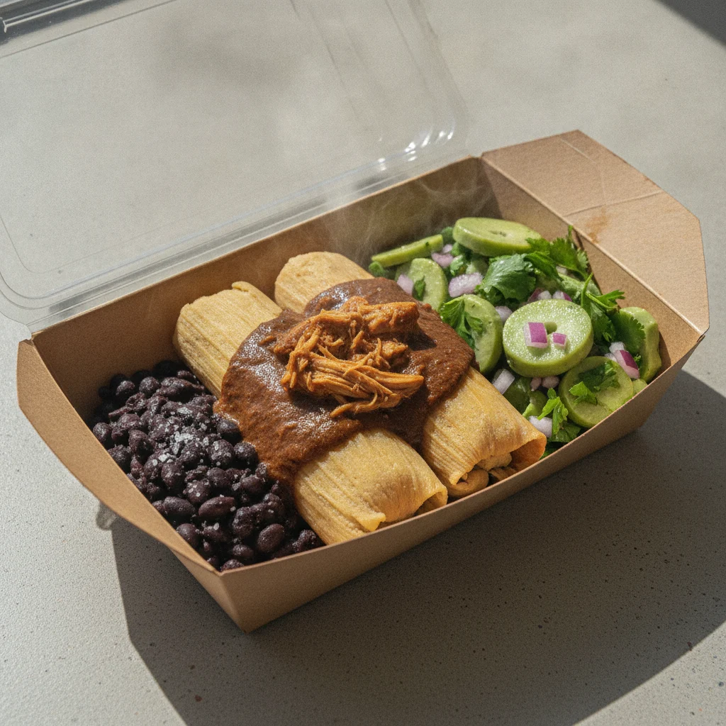 Tamales Box — Chicken Mole with Black Beans / Nopalitos Salad Tamales Box — Chicken Mole with Black Beans / Nopalitos Salad