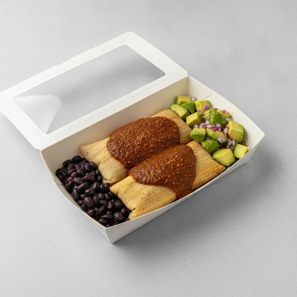 Tamales Box — Chicken Mole with Black Beans / Avocado Salad Tamales Box — Chicken Mole with Black Beans / Avocado Salad