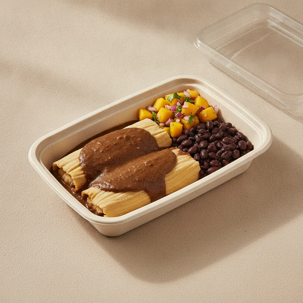 Tamales Box — Chicken Mole with Black Beans / Mango Salad Tamales Box — Chicken Mole with Black Beans / Mango Salad