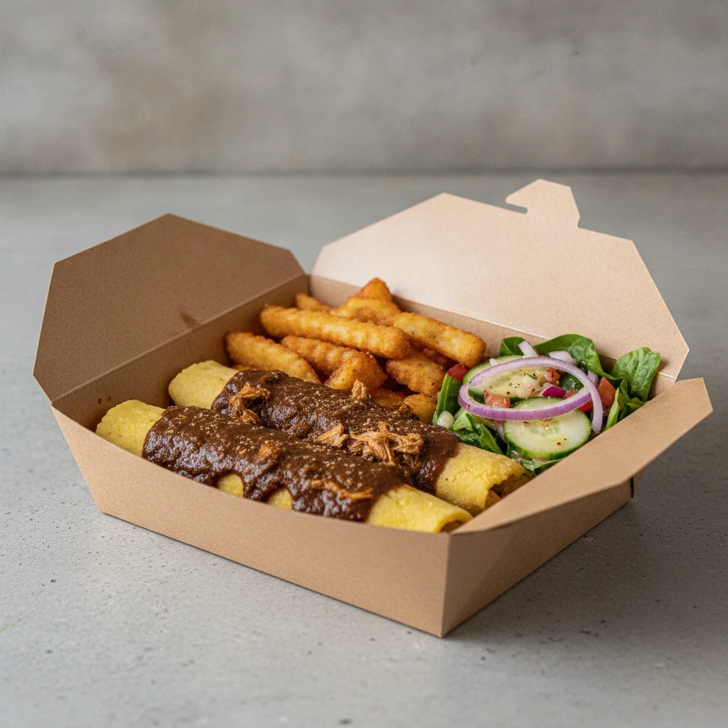 Tamales Box — Chicken Mole with Home Fries / Mexican Salad Tamales Box — Chicken Mole with Home Fries / Mexican Salad