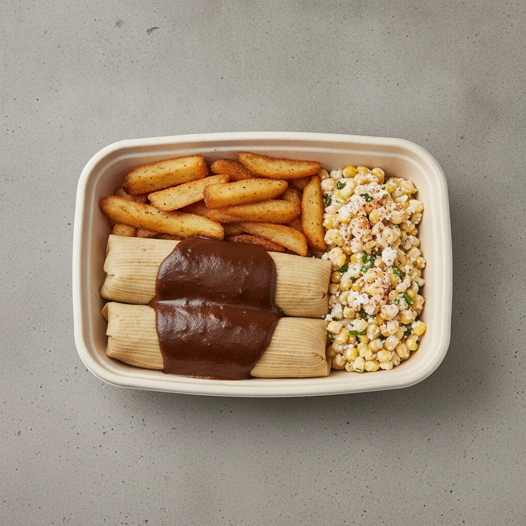 Tamales Box — Chicken Mole with Home Fries / Street Corn Salad Tamales Box — Chicken Mole with Home Fries / Street Corn Salad