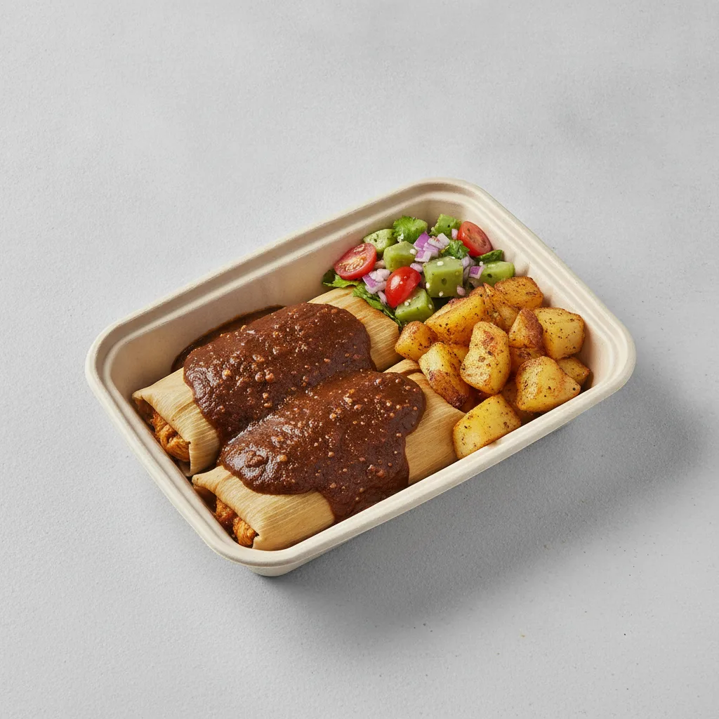 Tamales Box — Chicken Mole with Home Fries / Nopalitos Salad Tamales Box — Chicken Mole with Home Fries / Nopalitos Salad