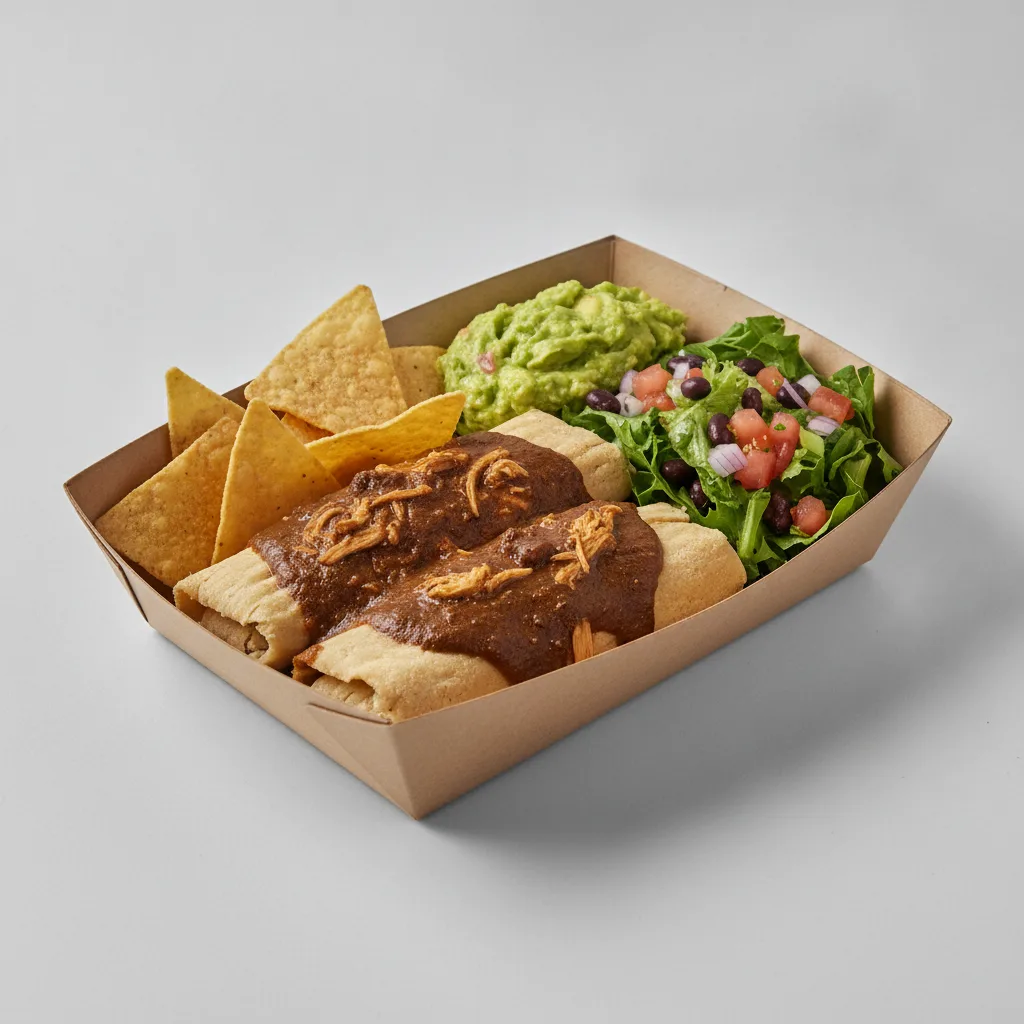 Tamales Box — Chicken Mole with Guacamole and Chips / Mexican Salad Tamales Box — Chicken Mole with Guacamole and Chips / Mexican Salad