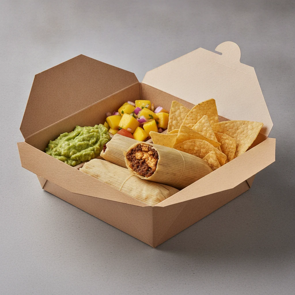 Tamales Box — Chicken Mole with Guacamole and Chips / Mango Salad Tamales Box — Chicken Mole with Guacamole and Chips / Mango Salad