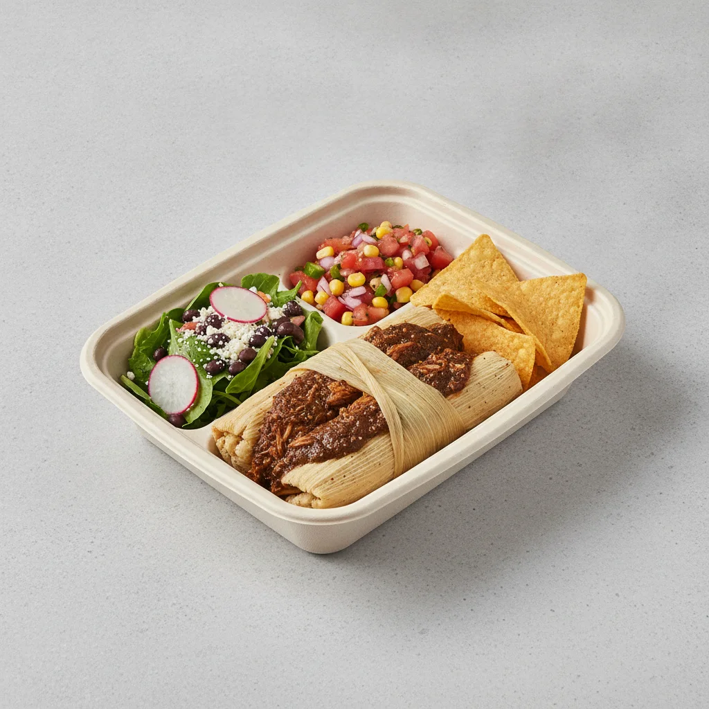 Tamales Box — Chicken Mole with Pico and Chips / Mexican Salad Tamales Box — Chicken Mole with Pico and Chips / Mexican Salad