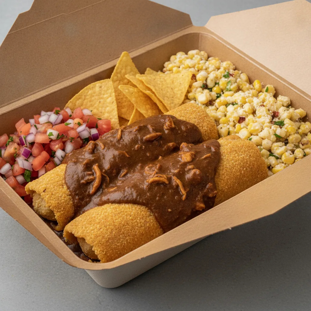 Tamales Box — Chicken Mole with Pico and Chips / Street Corn Salad Tamales Box — Chicken Mole with Pico and Chips / Street Corn Salad