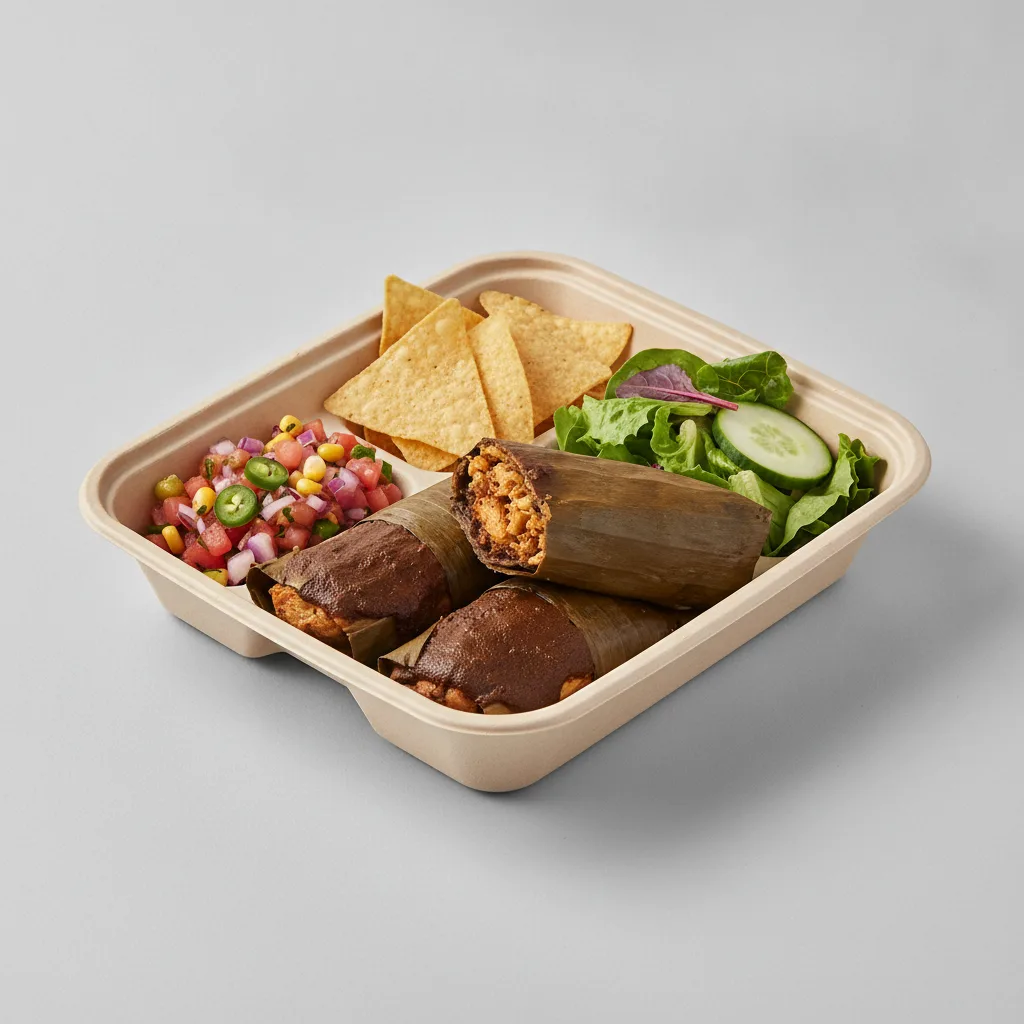 Tamales Box — Chicken Mole with Pico and Chips / Green Salad Tamales Box — Chicken Mole with Pico and Chips / Green Salad