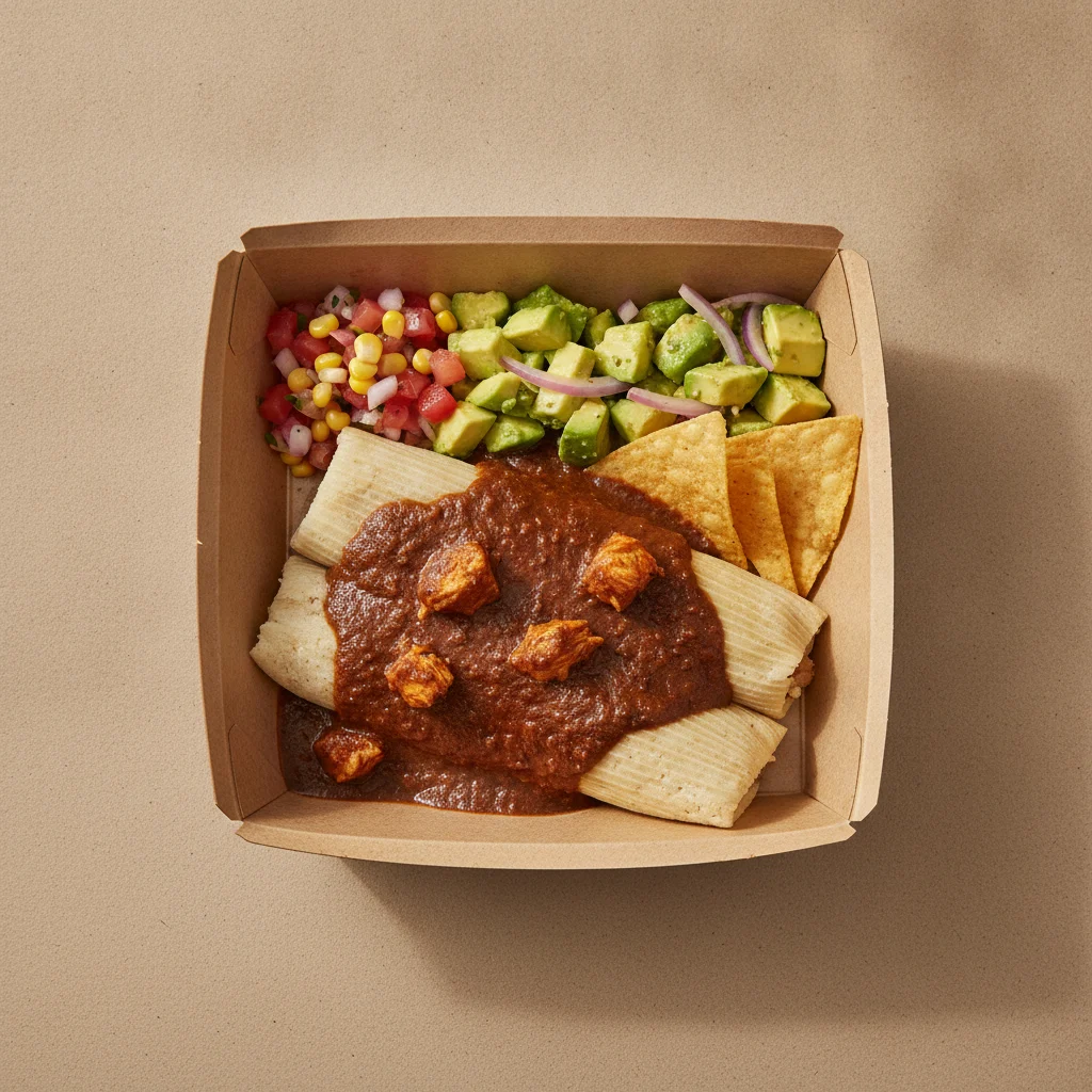 Tamales Box — Chicken Mole with Pico and Chips / Avocado Salad Tamales Box — Chicken Mole with Pico and Chips / Avocado Salad