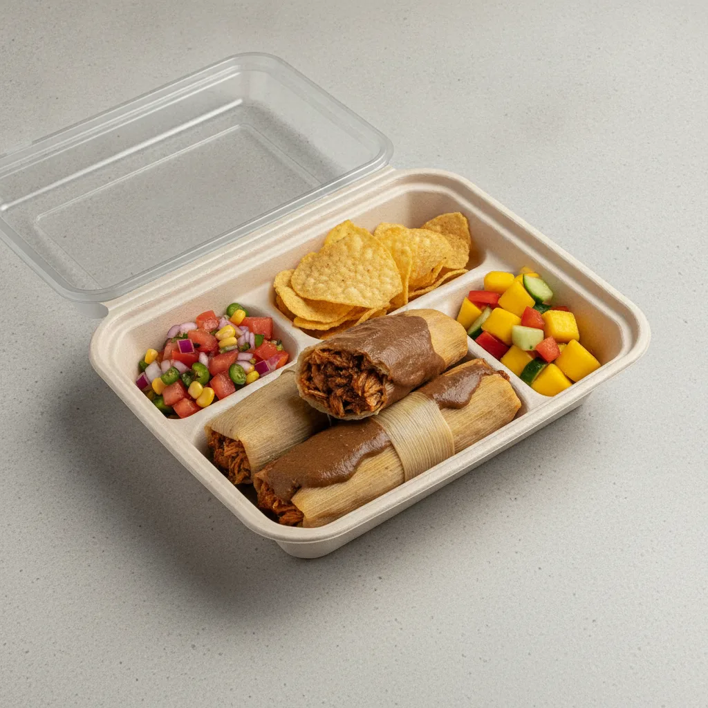Tamales Box — Chicken Mole with Pico and Chips / Mango Salad Tamales Box — Chicken Mole with Pico and Chips / Mango Salad