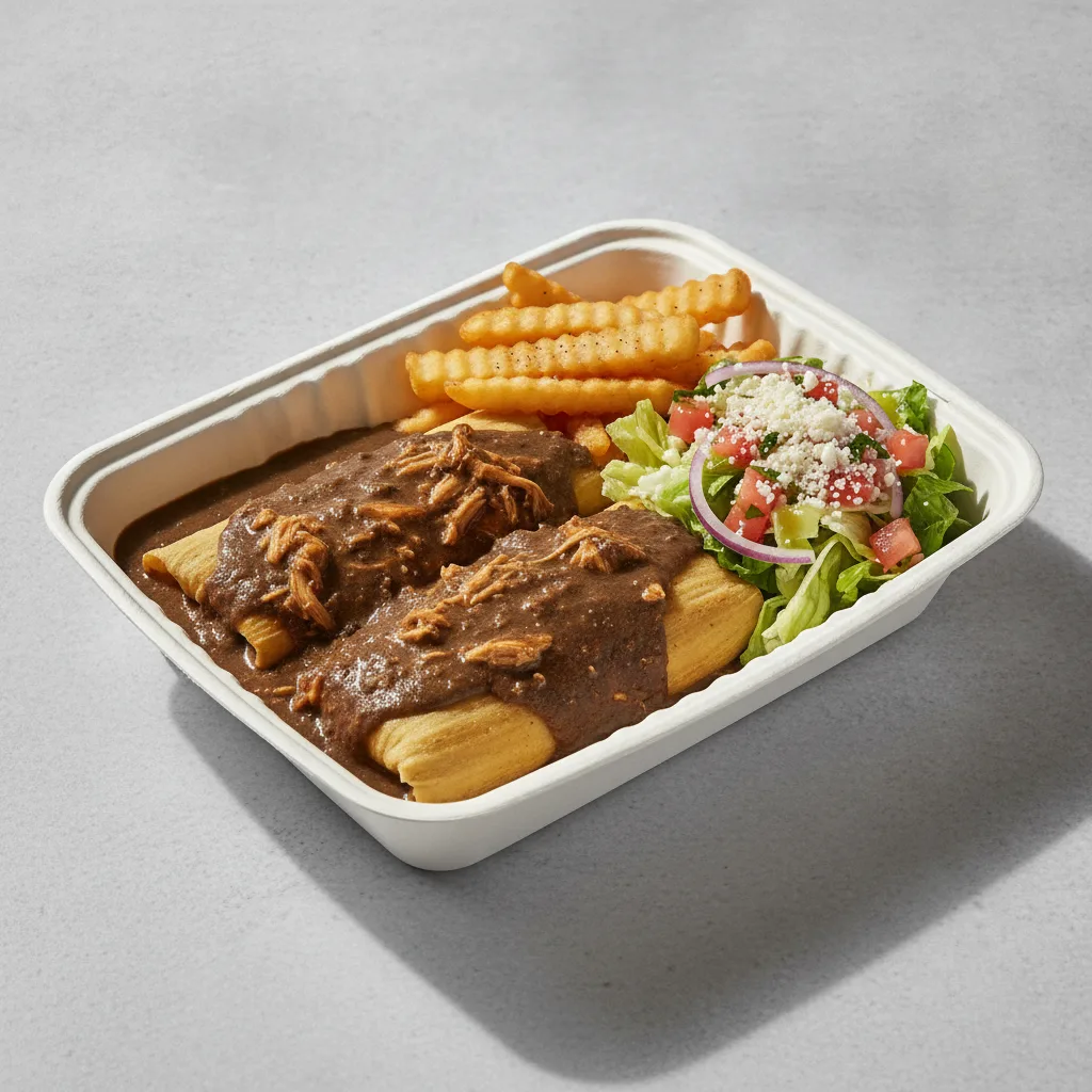 Tamales Box — Chicken Mole with French Fries / Mexican Salad Tamales Box — Chicken Mole with French Fries / Mexican Salad