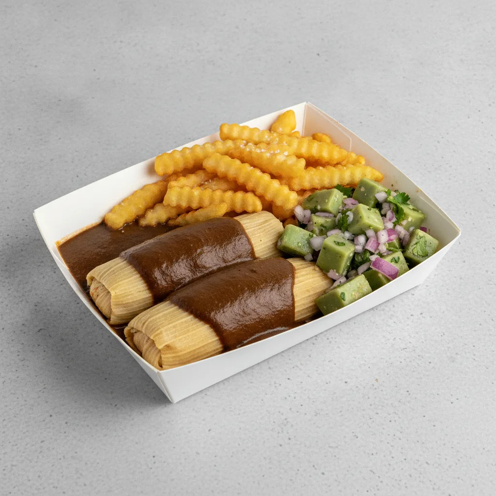 Tamales Box — Chicken Mole with French Fries / Nopalitos Salad Tamales Box — Chicken Mole with French Fries / Nopalitos Salad