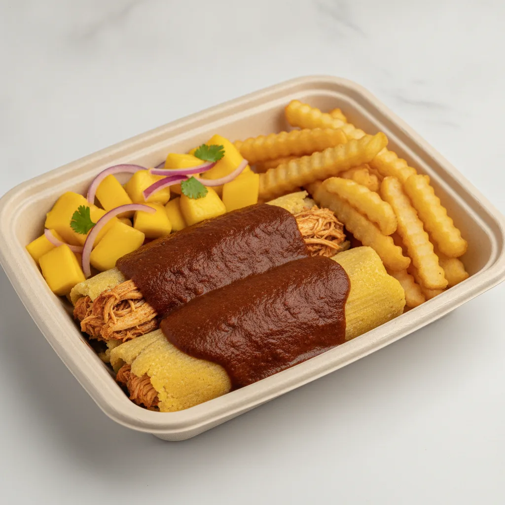 Tamales Box — Chicken Mole with French Fries / Mango Salad Tamales Box — Chicken Mole with French Fries / Mango Salad