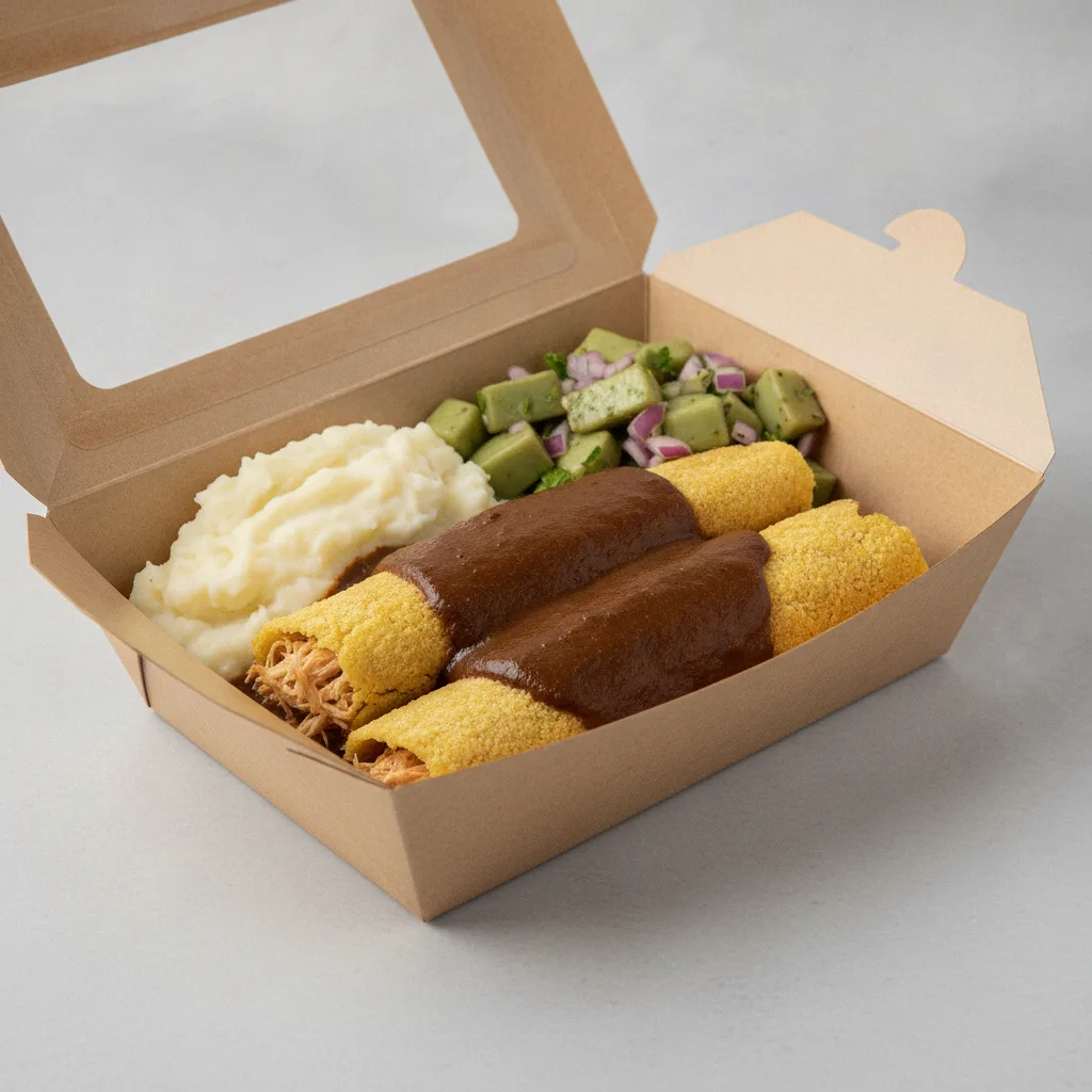 Tamales Box — Chicken Mole with Mashed Potato / Nopalitos Salad Tamales Box — Chicken Mole with Mashed Potato / Nopalitos Salad
