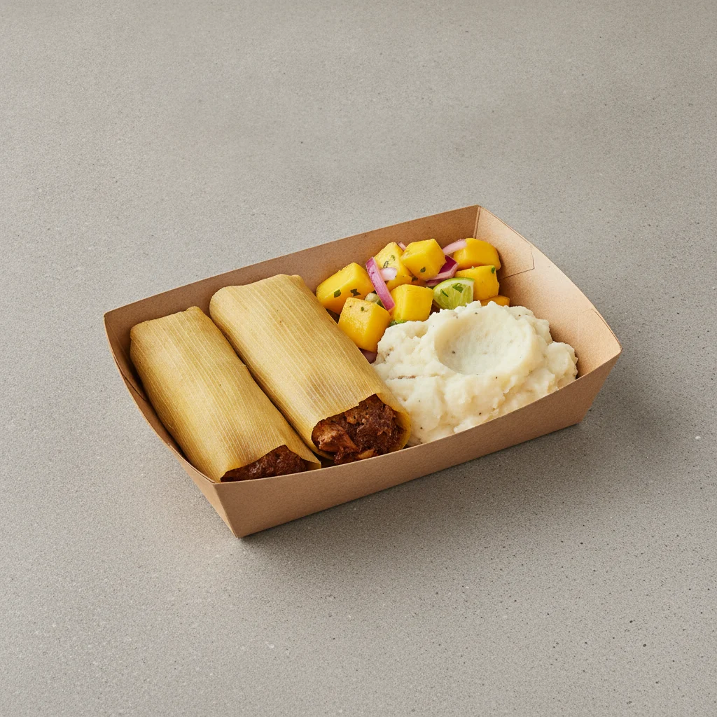 Tamales Box — Chicken Mole with Mashed Potato / Mango Salad Tamales Box — Chicken Mole with Mashed Potato / Mango Salad