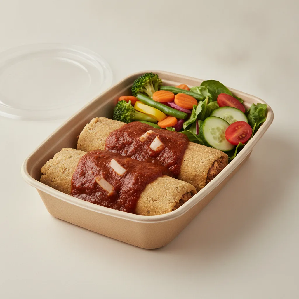 Tamales Box — Pork w/ Red Sauce — Steamed Veggies / Green Salad Tamales Box — Pork w/ Red Sauce — Steamed Veggies / Green Salad