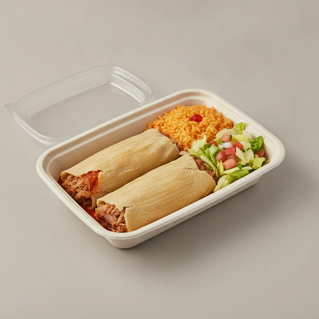 Tamales Box — Pork w/ Red Sauce — Mexican Rice / Mexican Salad Tamales Box — Pork w/ Red Sauce — Mexican Rice / Mexican Salad