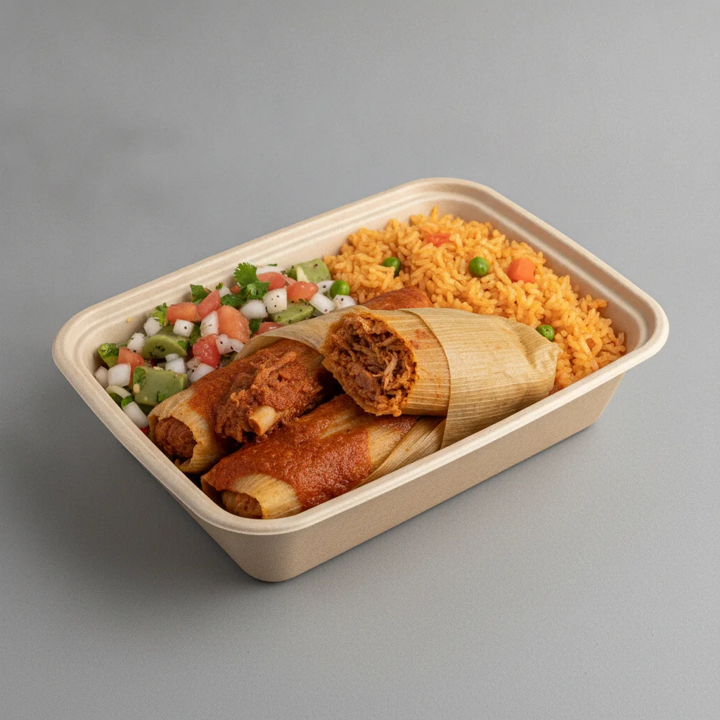 Tamales Box — Pork w/ Red Sauce — Mexican Rice / Nopalitos Salad Tamales Box — Pork w/ Red Sauce — Mexican Rice / Nopalitos Salad