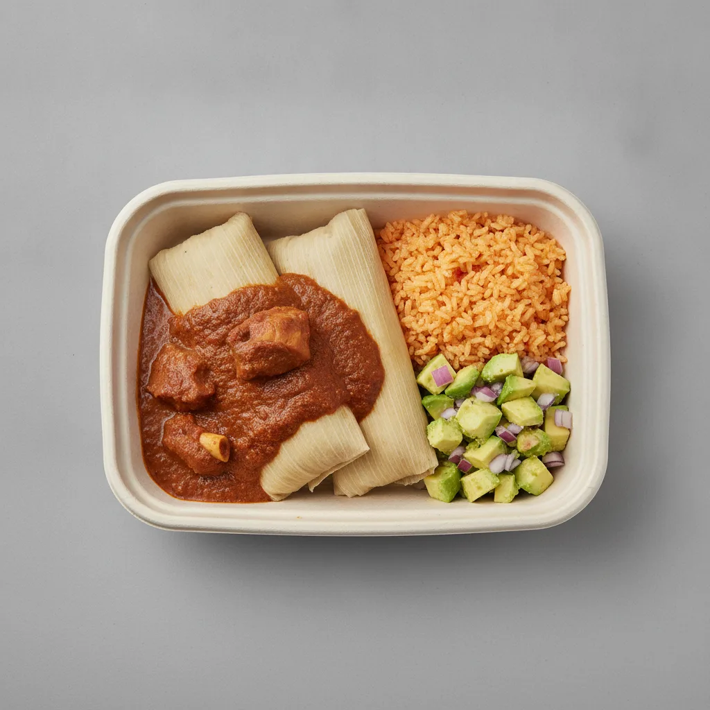Tamales Box — Pork w/ Red Sauce — Mexican Rice / Avocado Salad Tamales Box — Pork w/ Red Sauce — Mexican Rice / Avocado Salad