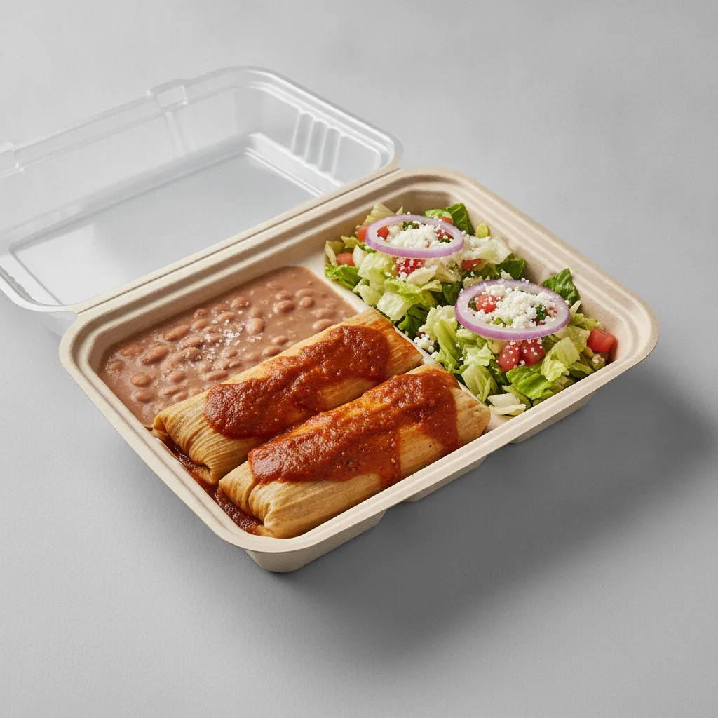 Tamales Box — Pork w/ Red Sauce — Pinto Beans / Mexican Salad Tamales Box — Pork w/ Red Sauce — Pinto Beans / Mexican Salad