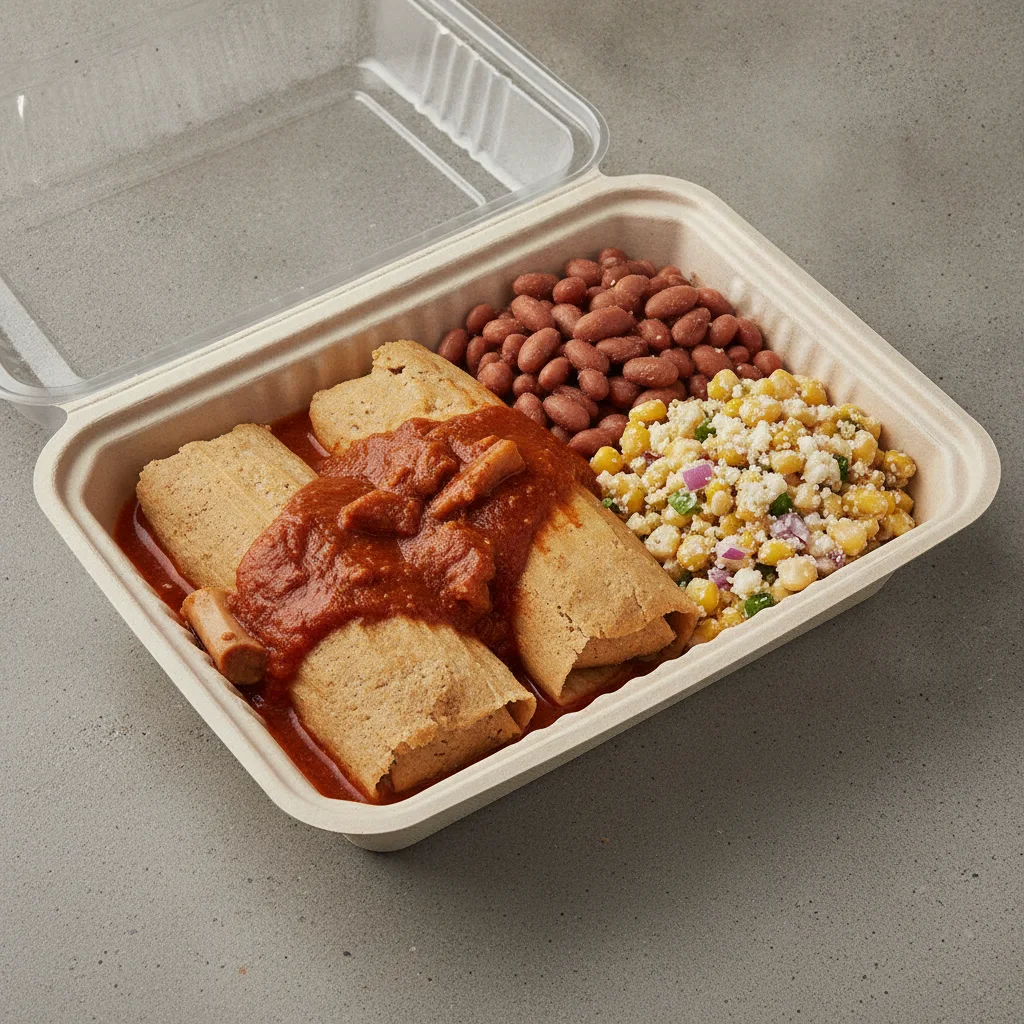 Tamales Box — Pork w/ Red Sauce — Pinto Beans / Street Corn Salad Tamales Box — Pork w/ Red Sauce — Pinto Beans / Street Corn Salad