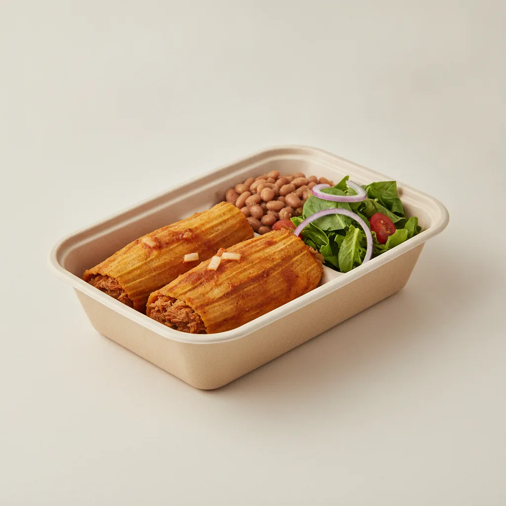 Tamales Box — Pork w/ Red Sauce — Pinto Beans / Green Salad Tamales Box — Pork w/ Red Sauce — Pinto Beans / Green Salad