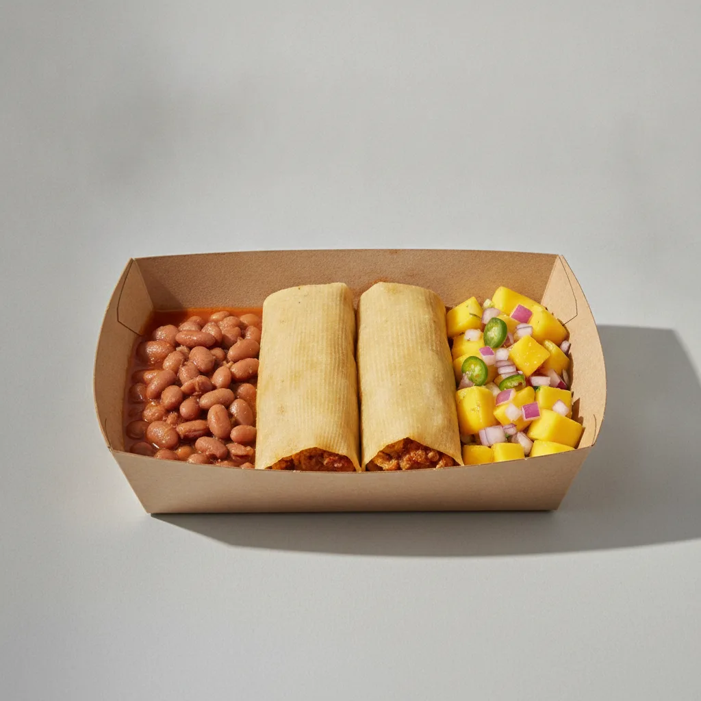 Tamales Box — Pork w/ Red Sauce — Pinto Beans / Mango Salad Tamales Box — Pork w/ Red Sauce — Pinto Beans / Mango Salad