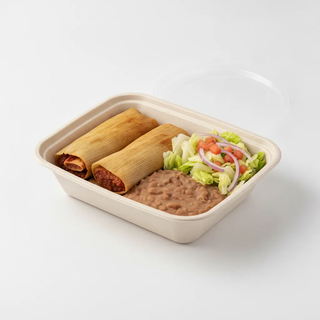 Tamales Box — Pork w/ Red Sauce with Refried Beans / Mexican Salad Tamales Box — Pork w/ Red Sauce with Refried Beans / Mexican Salad