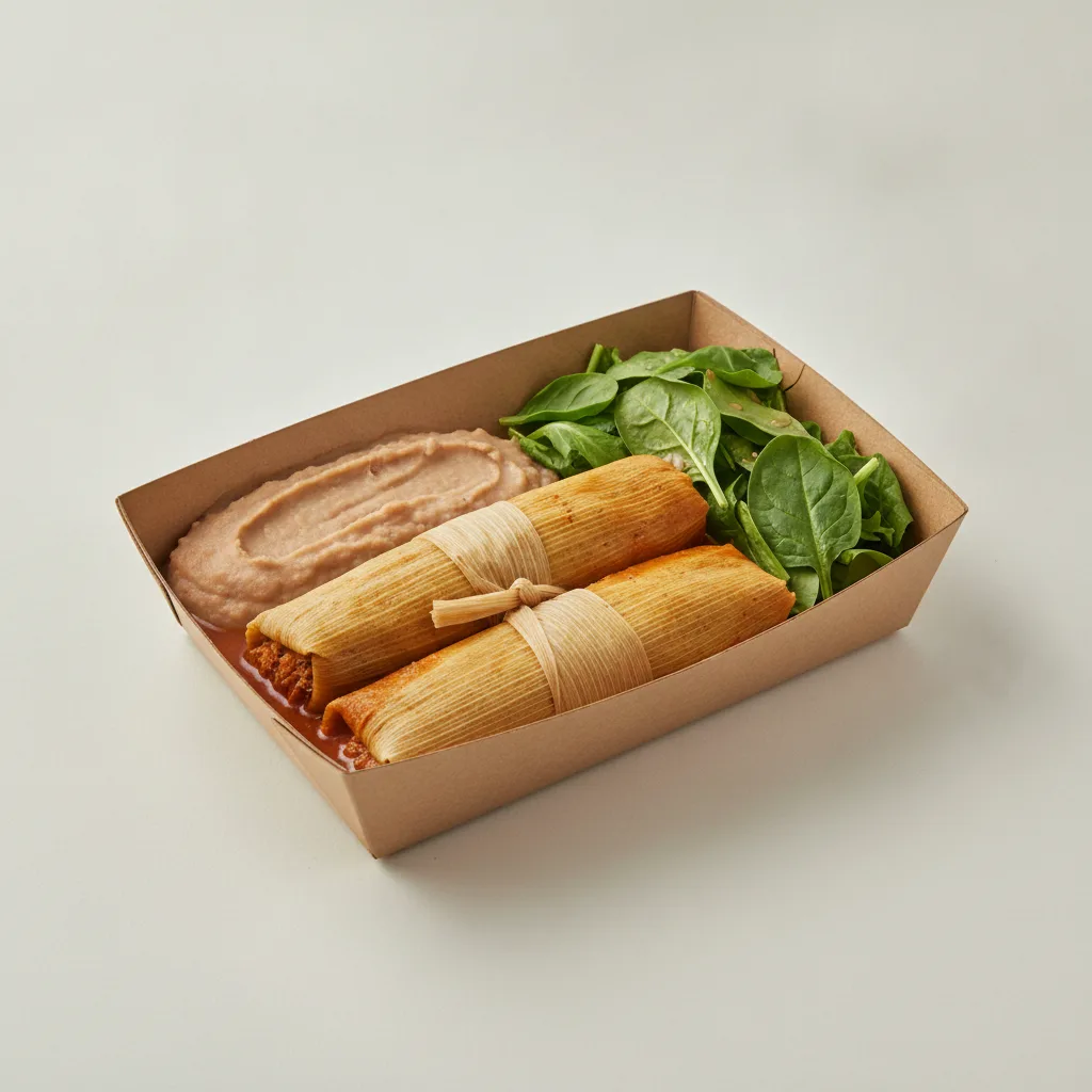 Tamales Box — Pork w/ Red Sauce with Refried Beans / Green Salad Tamales Box — Pork w/ Red Sauce with Refried Beans / Green Salad