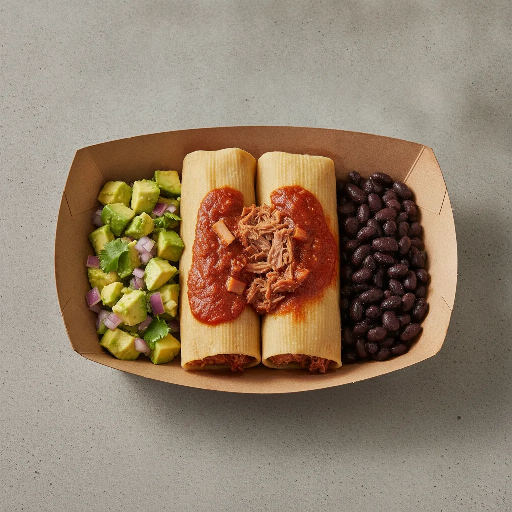 Tamales Box — Pork w/ Red Sauce with Black Beans / Avocado Salad Tamales Box — Pork w/ Red Sauce with Black Beans / Avocado Salad