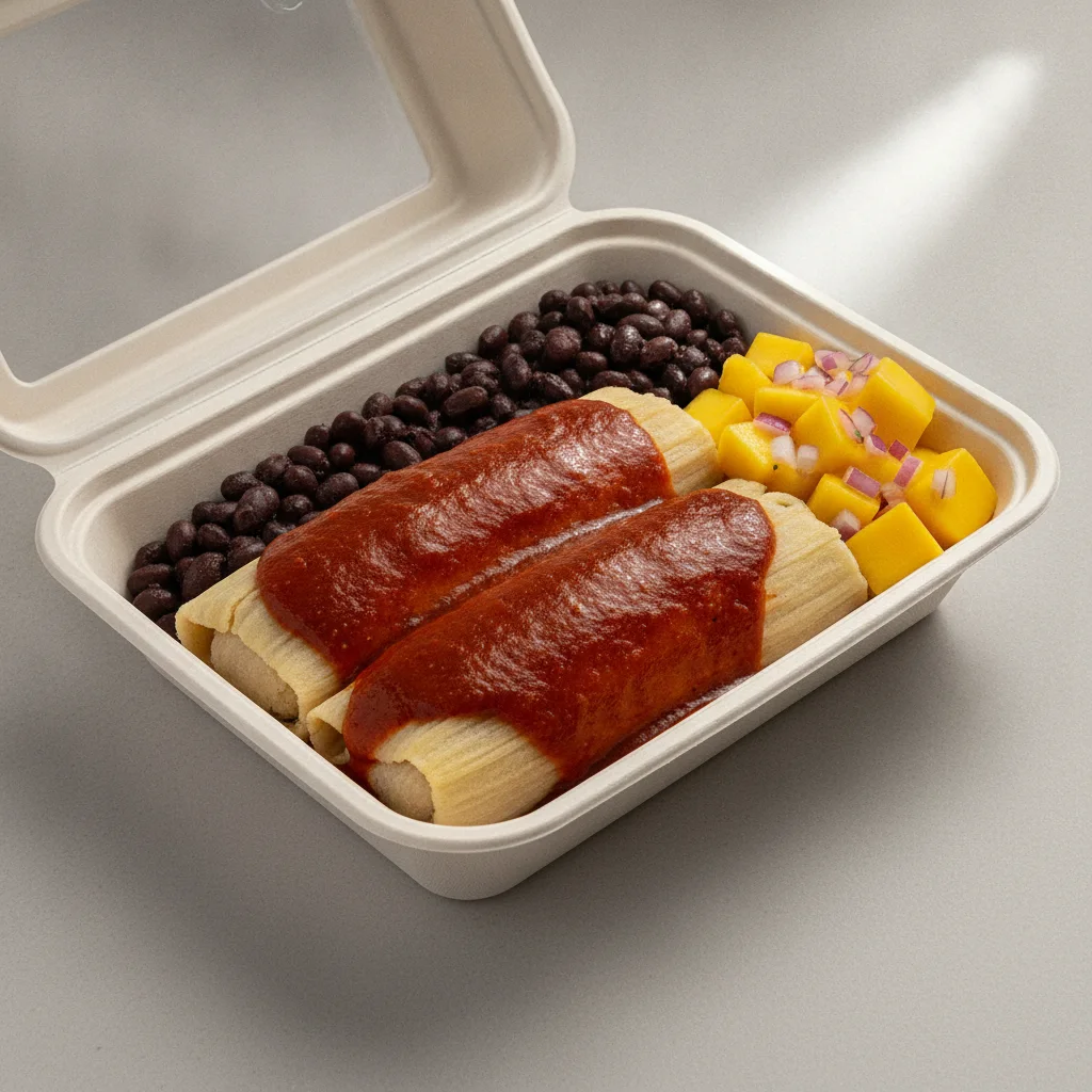Tamales Box — Pork w/ Red Sauce with Black Beans / Mango Salad Tamales Box — Pork w/ Red Sauce with Black Beans / Mango Salad