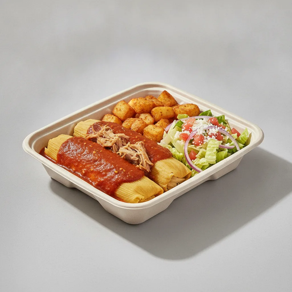 Tamales Box — Pork w/ Red Sauce with Home Fries / Mexican Salad Tamales Box — Pork w/ Red Sauce with Home Fries / Mexican Salad