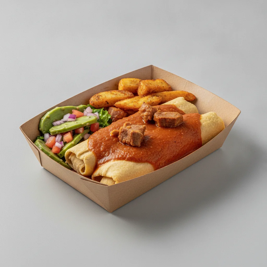 Tamales Box — Pork w/ Red Sauce with Home Fries / Nopalitos Salad Tamales Box — Pork w/ Red Sauce with Home Fries / Nopalitos Salad