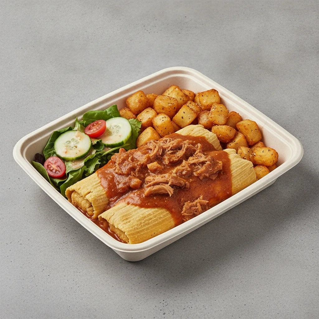 Tamales Box — Pork w/ Red Sauce with Home Fries / Green Salad Tamales Box — Pork w/ Red Sauce with Home Fries / Green Salad