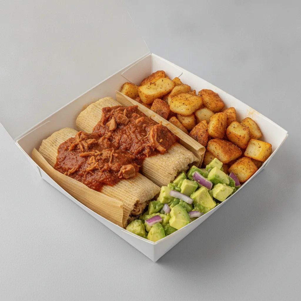 Tamales Box — Pork w/ Red Sauce with Home Fries / Avocado Salad Tamales Box — Pork w/ Red Sauce with Home Fries / Avocado Salad