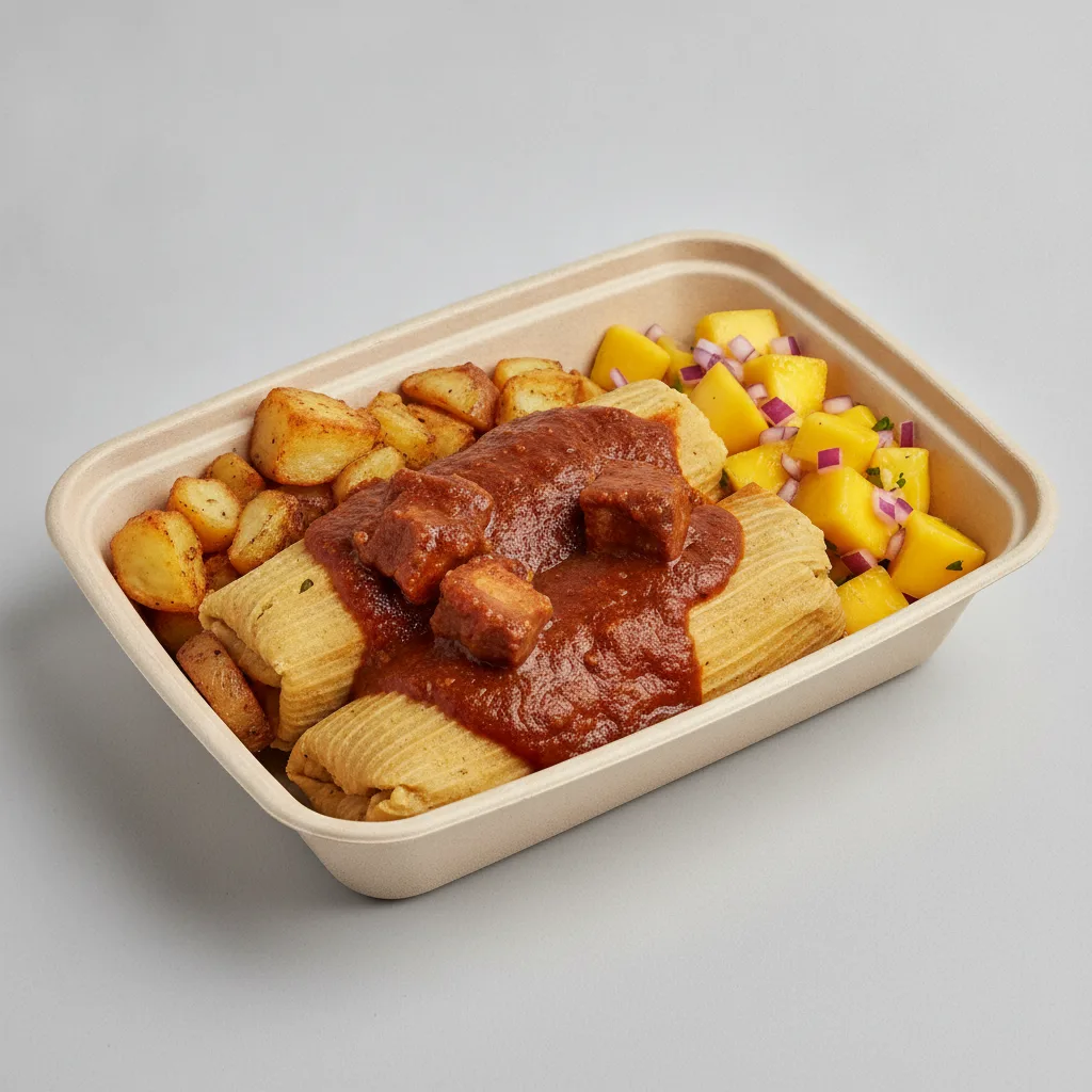 Tamales Box — Pork w/ Red Sauce with Home Fries / Mango Salad Tamales Box — Pork w/ Red Sauce with Home Fries / Mango Salad