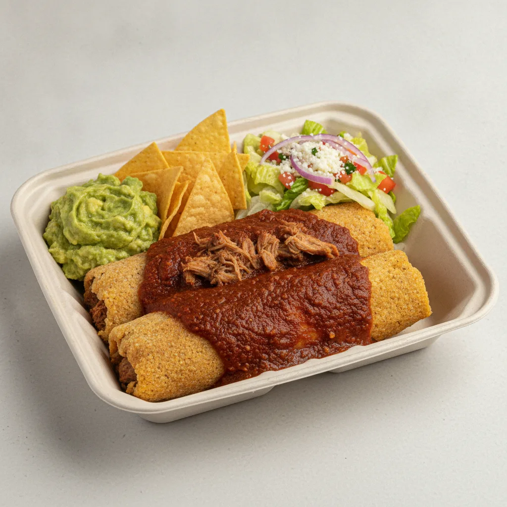 Tamales Box — Pork w/ Red Sauce with Guacamole and Chips / Mexican Salad Tamales Box — Pork w/ Red Sauce with Guacamole and Chips / Mexican Salad