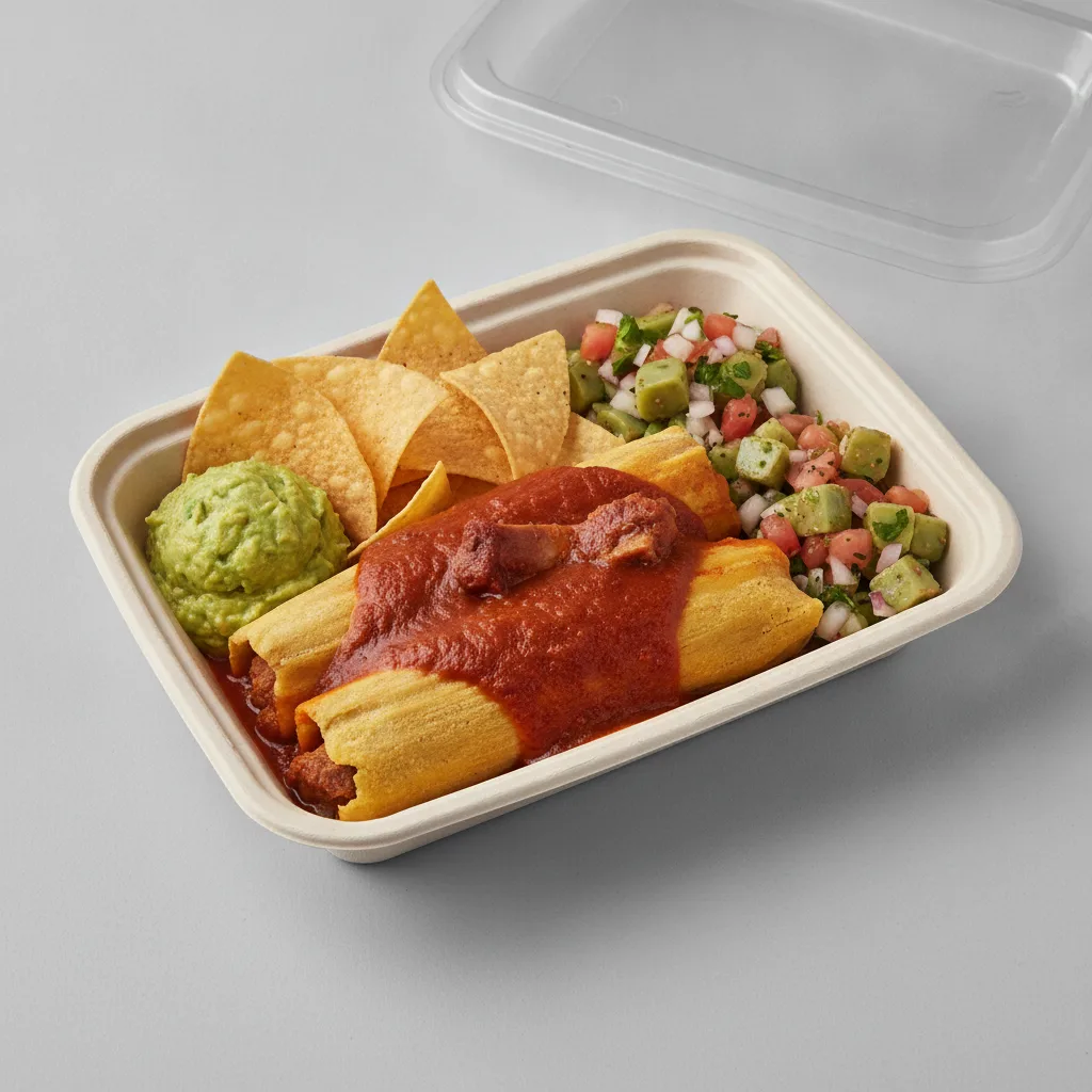 Tamales Box — Pork w/ Red Sauce with Guacamole and Chips / Nopalitos Salad Tamales Box — Pork w/ Red Sauce with Guacamole and Chips / Nopalitos Salad
