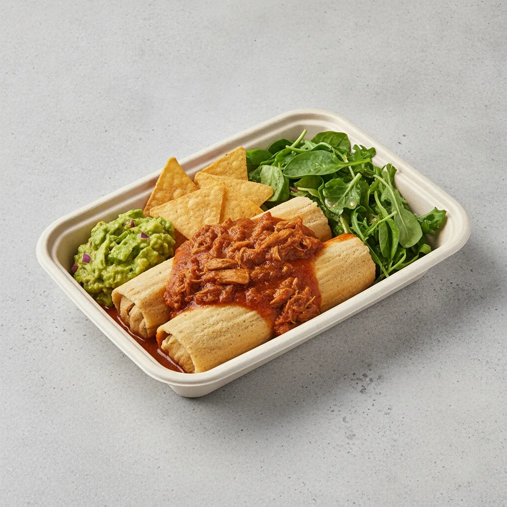 Tamales Box — Pork w/ Red Sauce with Guacamole and Chips / Green Salad Tamales Box — Pork w/ Red Sauce with Guacamole and Chips / Green Salad
