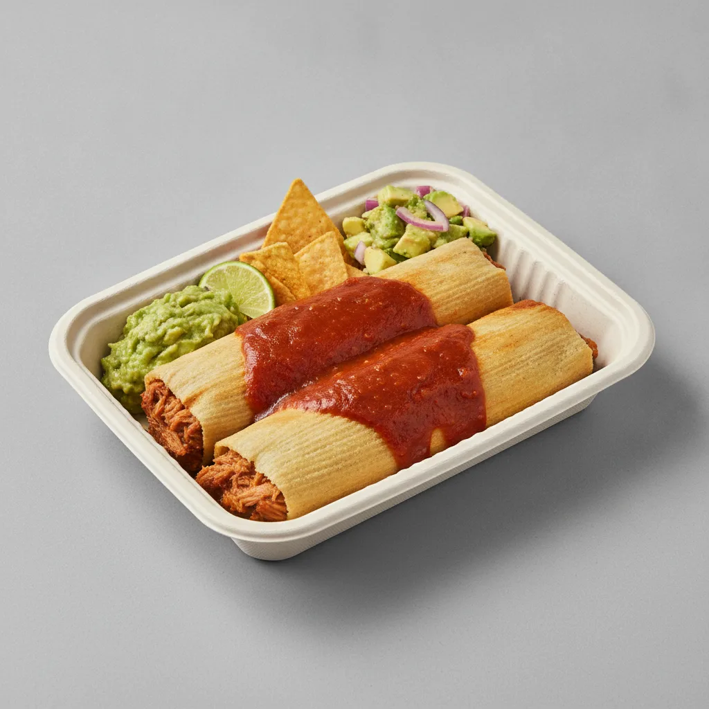 Tamales Box — Pork w/ Red Sauce with Guacamole and Chips / Avocado Salad Tamales Box — Pork w/ Red Sauce with Guacamole and Chips / Avocado Salad