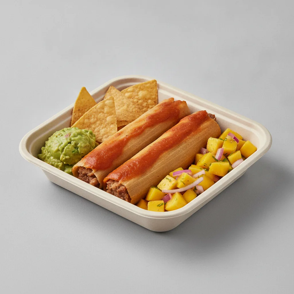 Tamales Box — Pork w/ Red Sauce with Guacamole and Chips / Mango Salad Tamales Box — Pork w/ Red Sauce with Guacamole and Chips / Mango Salad