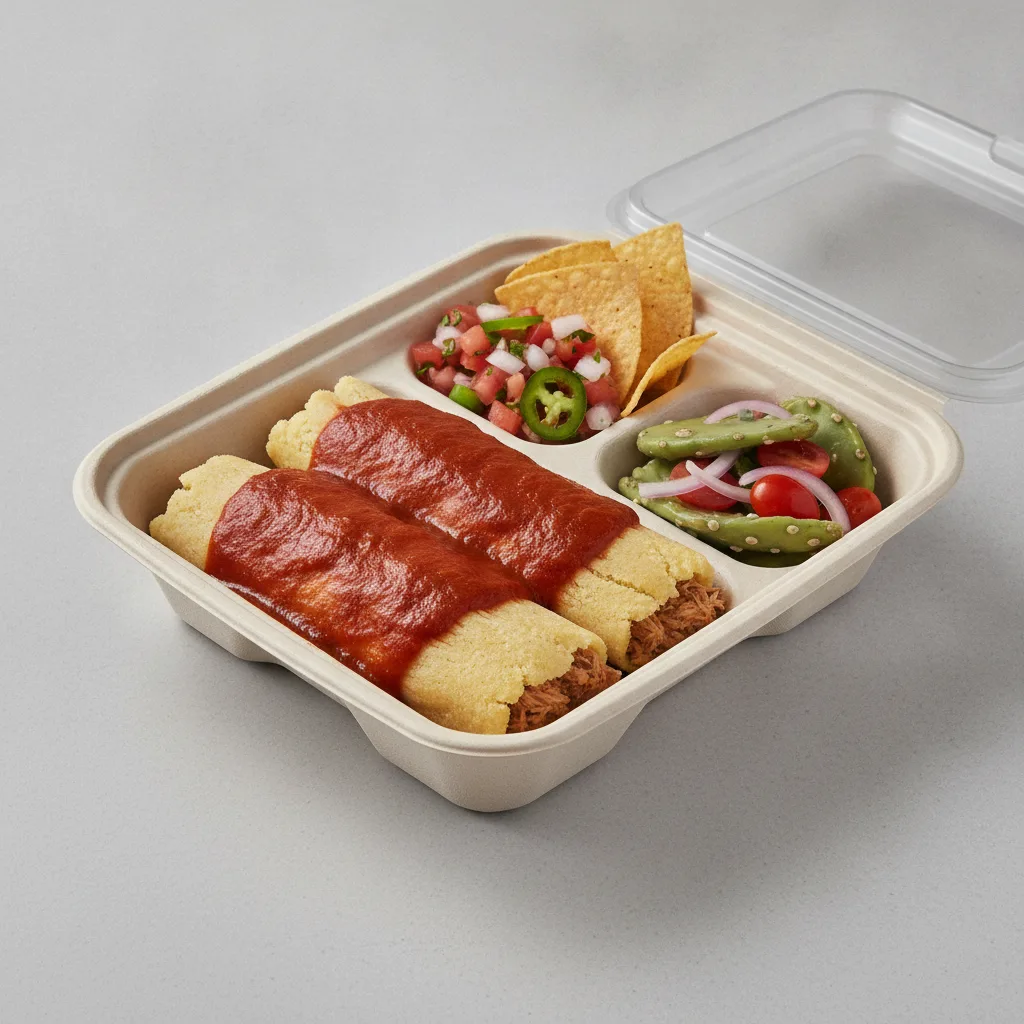 Tamales Box — Pork w/ Red Sauce with Pico and Chips / Nopalitos Salad Tamales Box — Pork w/ Red Sauce with Pico and Chips / Nopalitos Salad