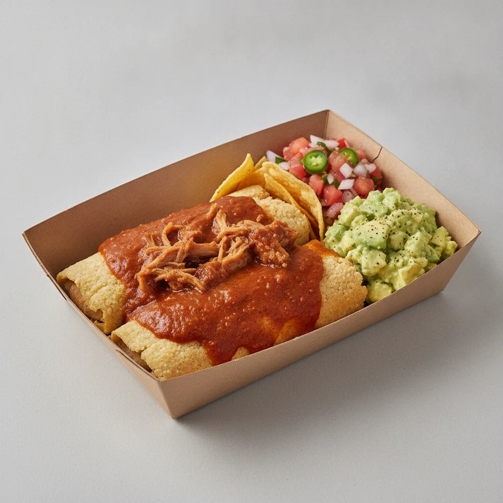 Tamales Box — Pork w/ Red Sauce with Pico and Chips / Avocado Salad Tamales Box — Pork w/ Red Sauce with Pico and Chips / Avocado Salad